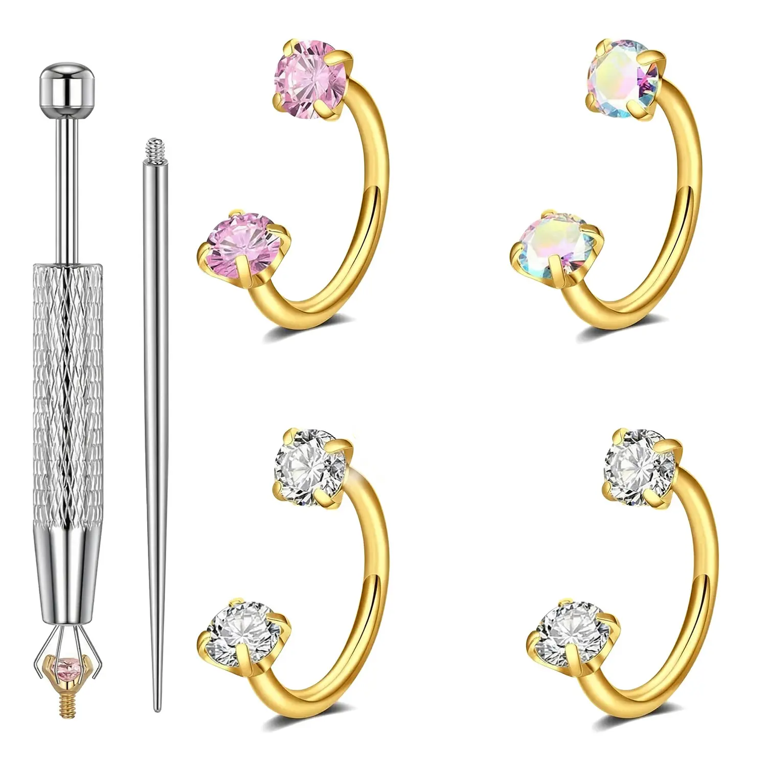 6pcs Value Pack 316L medical-grade titanium steel 18G 1.0mm Horseshoe Nose Hoop Internally Threaded Gems Nose Rings with Free Ball Holder & Guiding Needle#tiktokshopbacktoschool