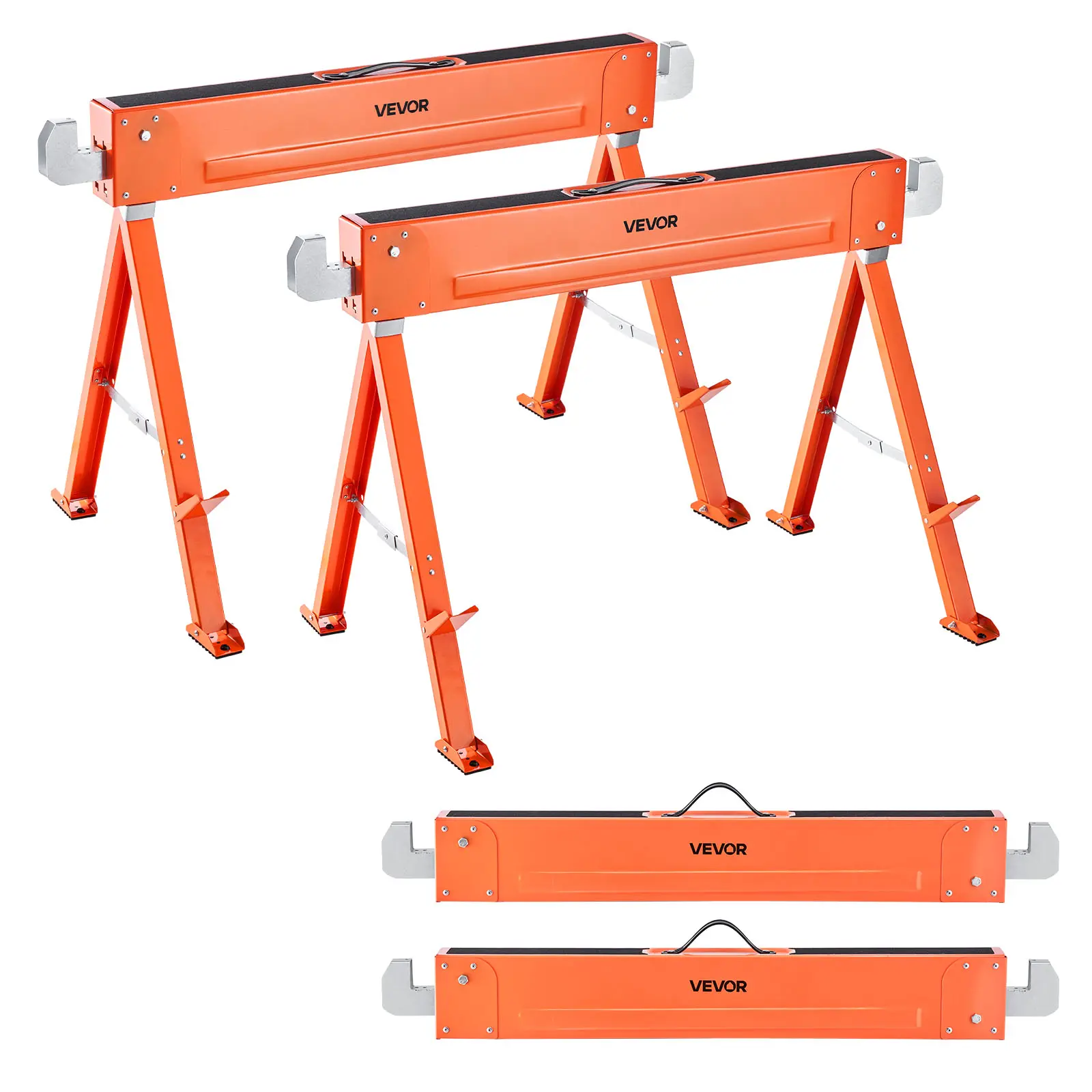 VEVOR 2 Pack Foldable Saw Horses with Foldable Legs, Heavy-Duty Steel Tubes, 1323 lbs Load Capacity, Anti-Slip Foot Pads, All-Metal Build, Standard Slots, Durable Details, Double Cutting Efficiency for Carpenters