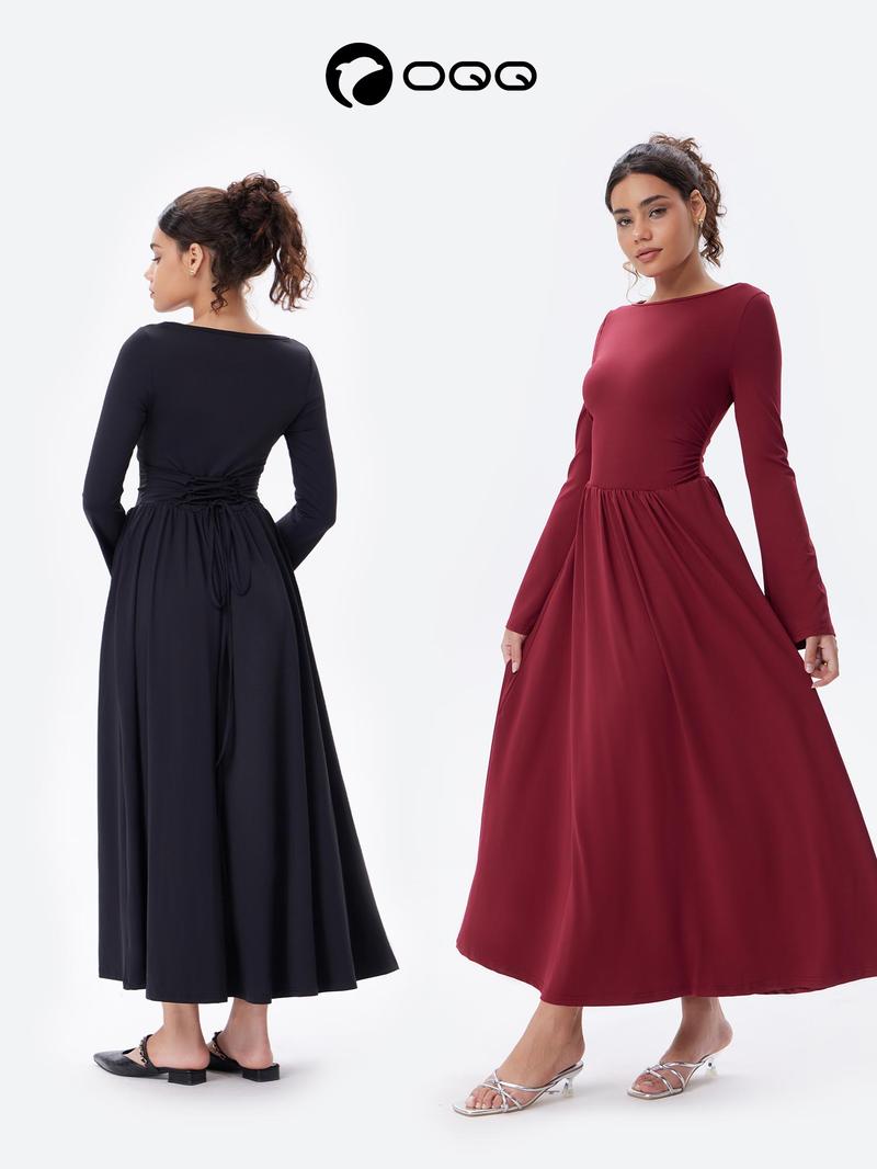 OQQfitness Womenswear Maxi Flowy Dresses Bell LongSleeve Boat Neck Adjustable Back Tie Casual Elegant Empire Waist Lace Basic Minimalist with Pockets