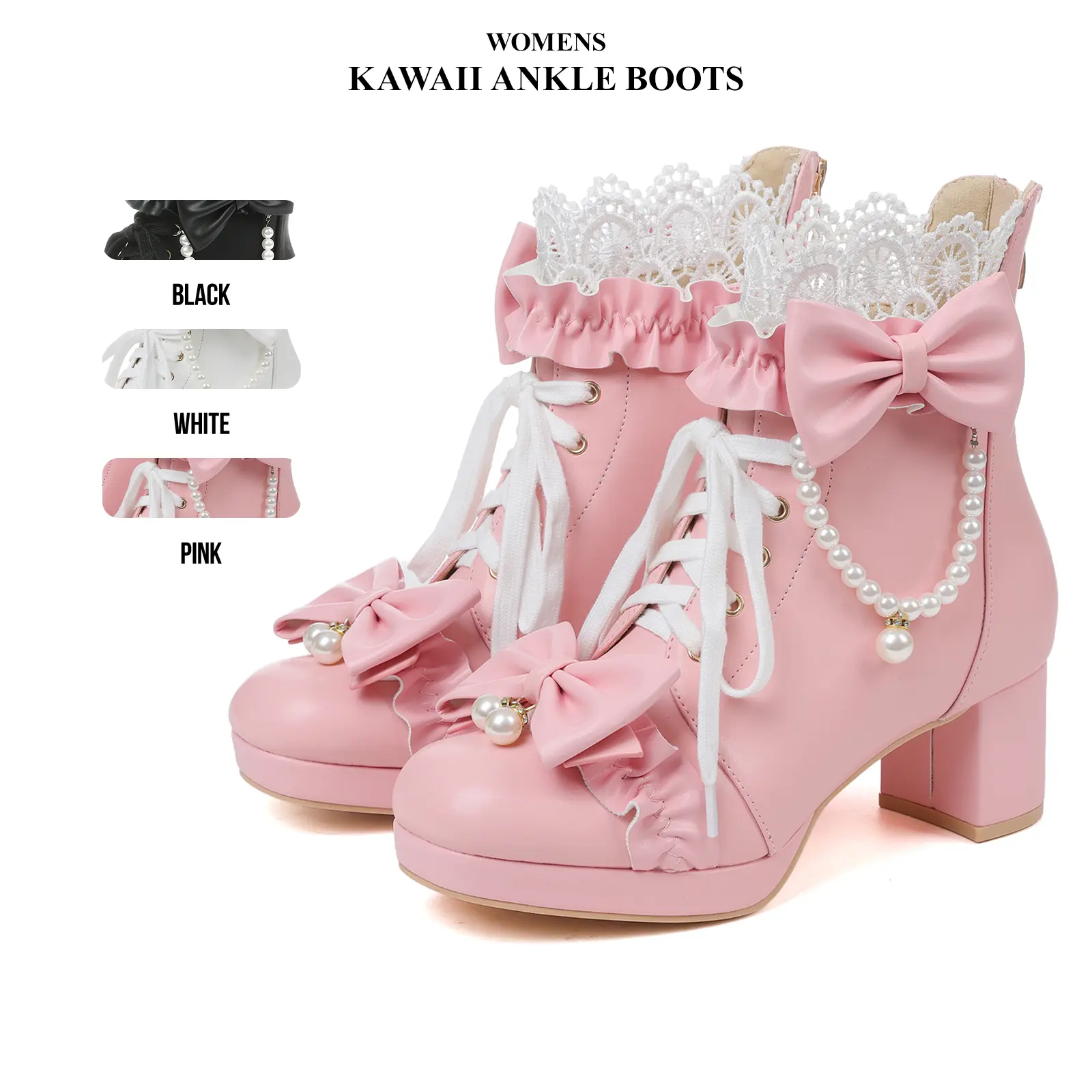 CYNLLIO Womens Kawaii Ankle Boots For Women Platform Boot Round Toe Chunky Block High Heel Lace Up Bows Pearl Chain Back Zipper Cosplay Punk Party Date Dress Cute Sweet Trendy Booties