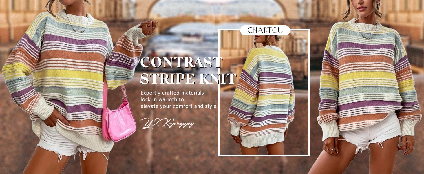 CHARTOU Women’s Oversized Striped Contrast Color Knit Pullover Sweater – 2026 Fall Collection