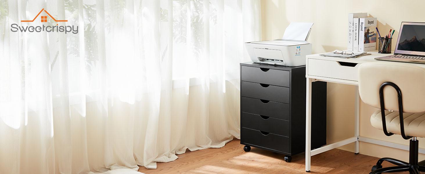 5 Drawer Chest Wood File Cabinet Rolling Organization Storage Dresser with Wheels for Home Office