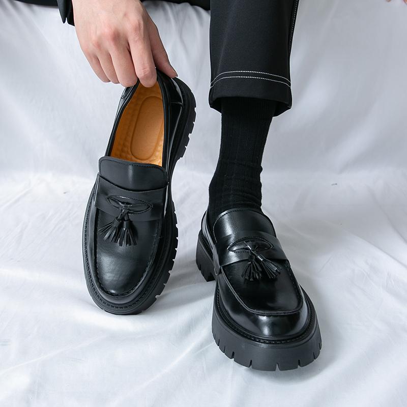Men's Black Soft Patent Leather Platform Chunky Heel Loafers Fashion Tassel Business Casual Formal Work Shoes Men's Black Soft Patent Leather Platform Chunky Heel Loafers Fashion Tassel Business Casual Formal Work Shoes