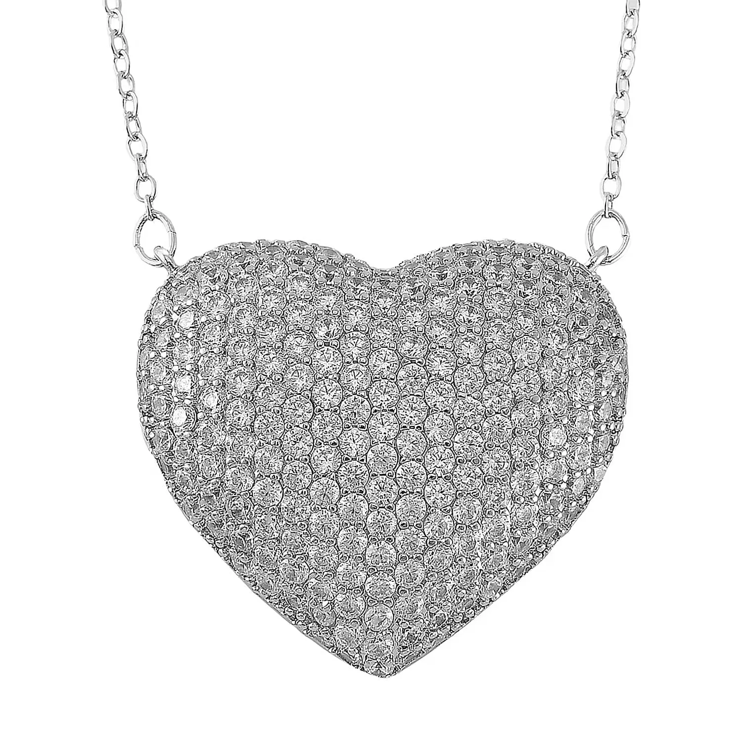 Simulated White Diamond Heart Necklace 20-22 Inches in Silvertone 3.00 ctw