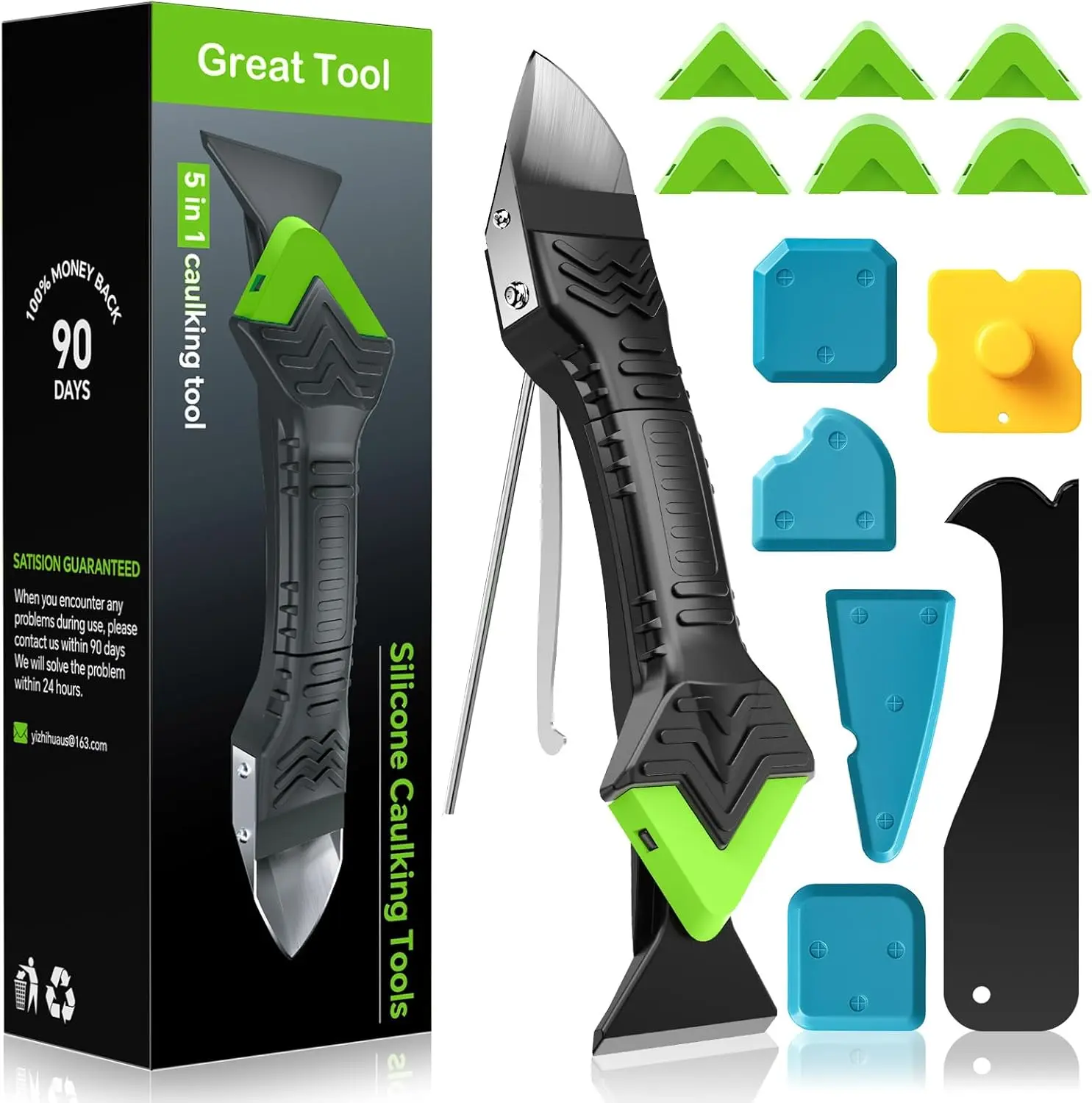 5 in 1 Caulking Tool Kit Silicone Sealant Finishing and Grout Removal Tool with Scraper and 6 Replaceable Pads, Caulk Smoothing Tool for Bathroom Kitchen Sink Window Tile Seam Repair and Adhesive Residue Cleaning