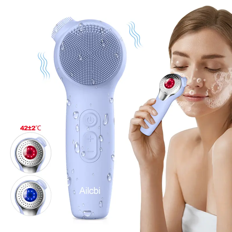 Ailcbi Electric Silicone LED Facial Cleansing Brush Massager - Sonic Vibration, IPX7 Waterproof, Hot Compress, Red & Blue Lighting, Heat Vibration Skin Care Device, Brush Skin Care Device, Heat Vibration Skin Care Devices, Brush Skin Care Devices