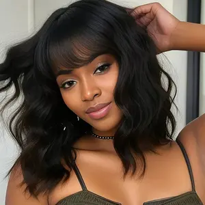 Bob Short Wavy Curly Wig for Women Synthetic Wig Cosplay Shoulder Length Bangs Bob Curly Women's Charming Synthetic Wigs Black Natural