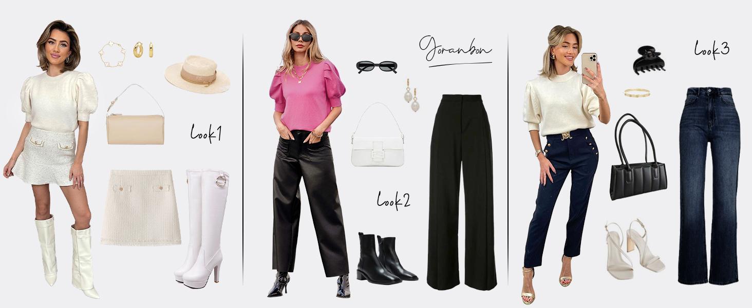 Imily Bela Women's Puff Short Sleeve Sweater Tops Spring Summer Trendy Crew/Square/V Neck Casual T Shirts Blouses Knitwear Comfort Basic Minimalist