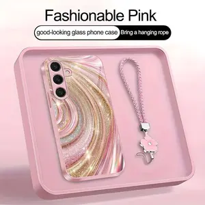 Luxury Rose Gold Swirl Phone Case with Flower Lanyard, Glitter Pink Art Aesthetic Cover for Galaxy S24 Plus ---975