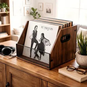 Vinyl Record Storage Box, Vintage Wood Storage Box with View Window, Space-Saving Design Holds 60 Records, Magazines, Books & Files, Natural Wood Storage Bin for Living Room, Bedroom & Home Office, Perfect for Vinyl Collectors & Music Lovers
