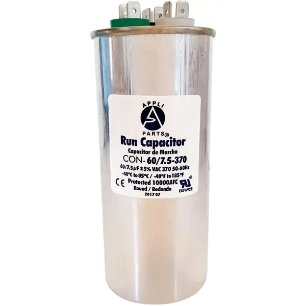Appli Parts Dual Run Capacitor for ac 60+7.5 Mfd uF (microfarads) 370VAC CBB65 Round Universal fit for hvac and other applications 2-1/8 in Wide 5-3/8 in Height CON-60/7.5-370-R