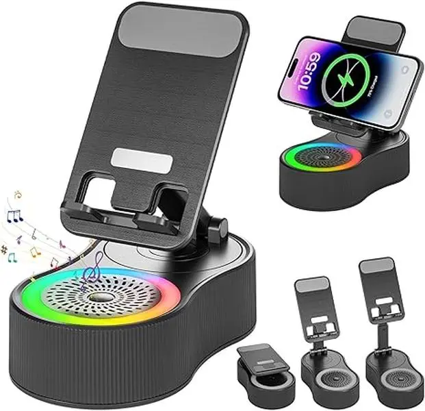 5-in-1 Wireless Bluetooth Induction Portable Speaker Device with 360° Adjustable Phone Stand, 8 RGB LED Lights, Stereo Sound, Bass Boost, 5000mAh Power Bank, 2-Hour Charge - Home/Party Gift, Desk Accessory for Immersive Audio & Dynamic Ambiance, 2 Hours