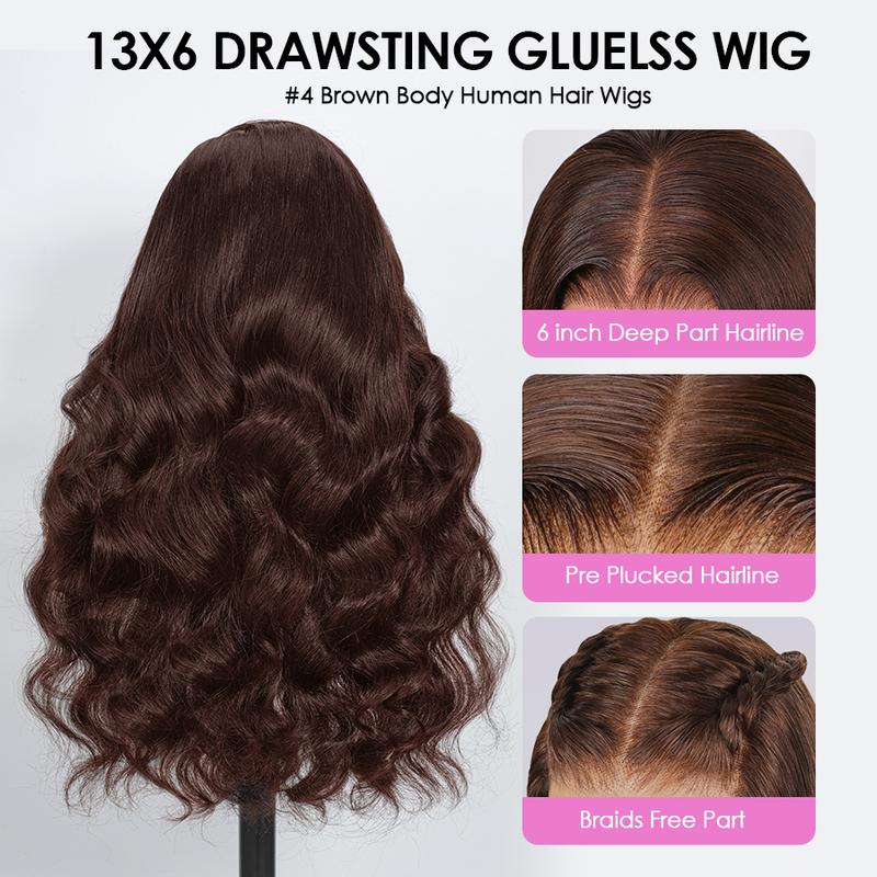 [Glueless Drawstring Wig] Pizazz Hair #4 Chocolate Brown Body Wave Lace Frontal Wigs 13x6 HD Transparent Ear to Ear Pre Cut Lace Skin Melted with Pre Plucked Natural Hair Line