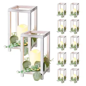 VEVOR 12 Set/36 Pcs Wooden Wedding Lantern Centerpiece, Includes 12 Wooden Lantern Candle Holder 12 Flameless LED Candle 12 Eucalyptus Leaves Wreath for Wedding Table Party Farmhouse Decor, White
