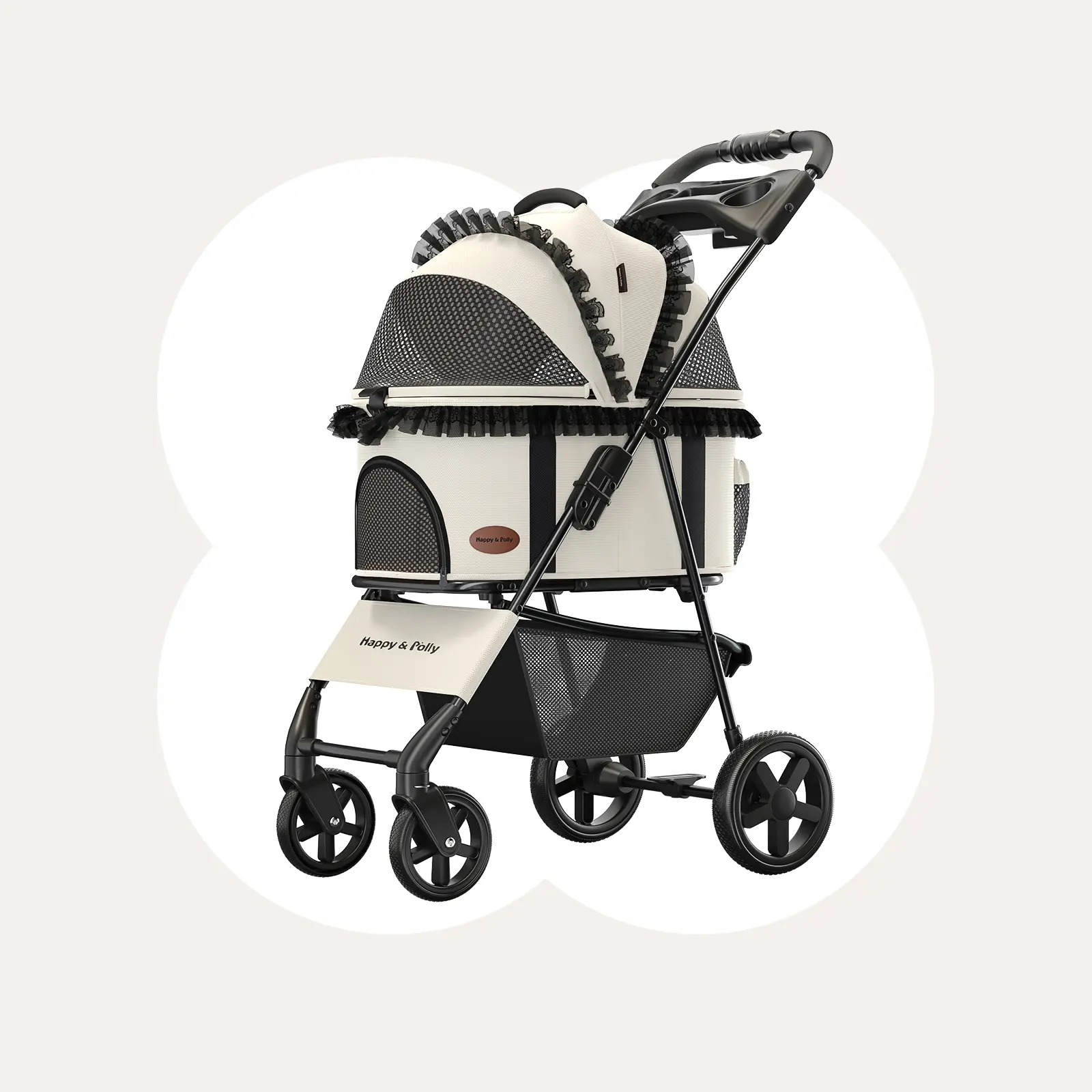 Happy & Polly 3-in-1 Foldable Puppy Stroller with Detachable Animal Carrier - 360° Swivel Front Wheels, Mesh Paneling, Adjustable Sun Shade, Flat Canopy for Easy Access, 12kg Capacity, Oxford Fabric, Compact, Portable with Straps, for Road Trips
