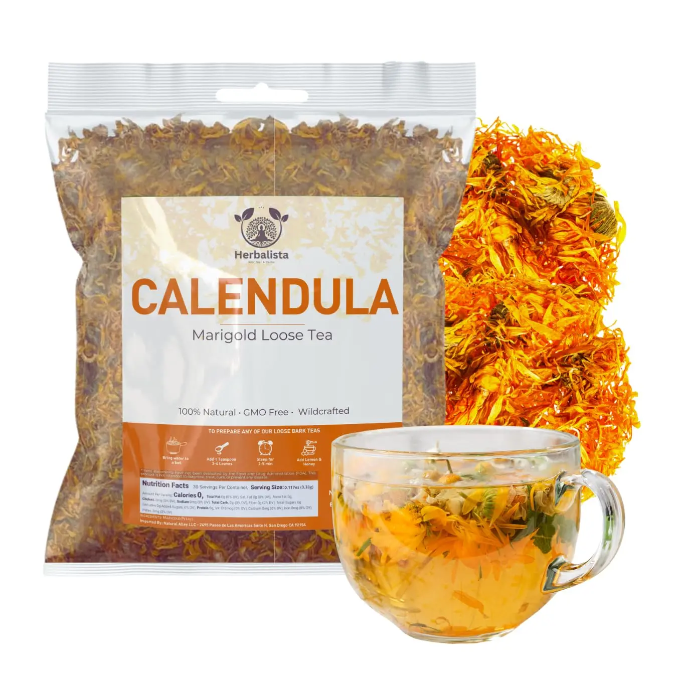Herbalista Premium Dried Calendula Flower Petals Tea (2 oz | 58g) | Wild Harvested Marigold for Loose Leaf Teas, Cocktail Infusions, Salves & Culinary Uses | 100% Natural, Edible & Fresh | Flores de Caléndula