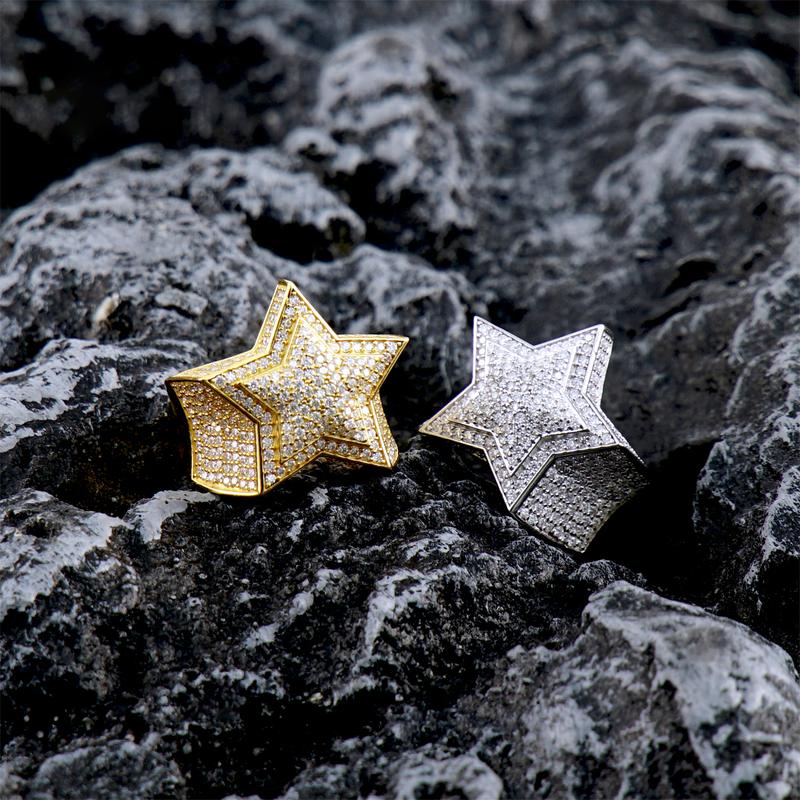 Delzzad 14K Gold-Plated Bling Pentagram Ring Round VVS Synthetic Moissanite S925 Unisex Hip Hop Iced Out Stars Ring Band Perfect for Any Occasion & Everyday Wear Birthday Anniversary Mother's Day Christmas Gifts for Men Women