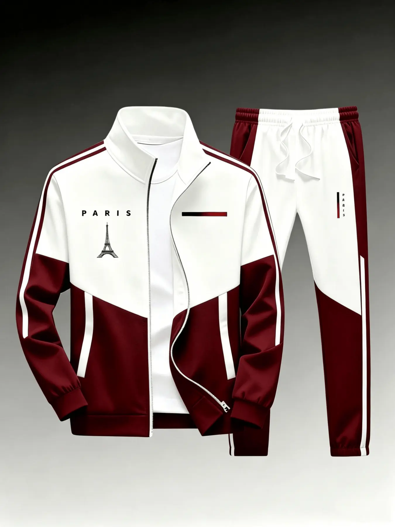 Men's 2-Piece Paris Logo Sportswear Set - Sports Outerwear Jacket & Jogging Pants, Geometric Print, Stand-Up Collar, Zipper Closure, Color-Matching Design, All-Season Streetwear Fashion Apparel Clothes Suits