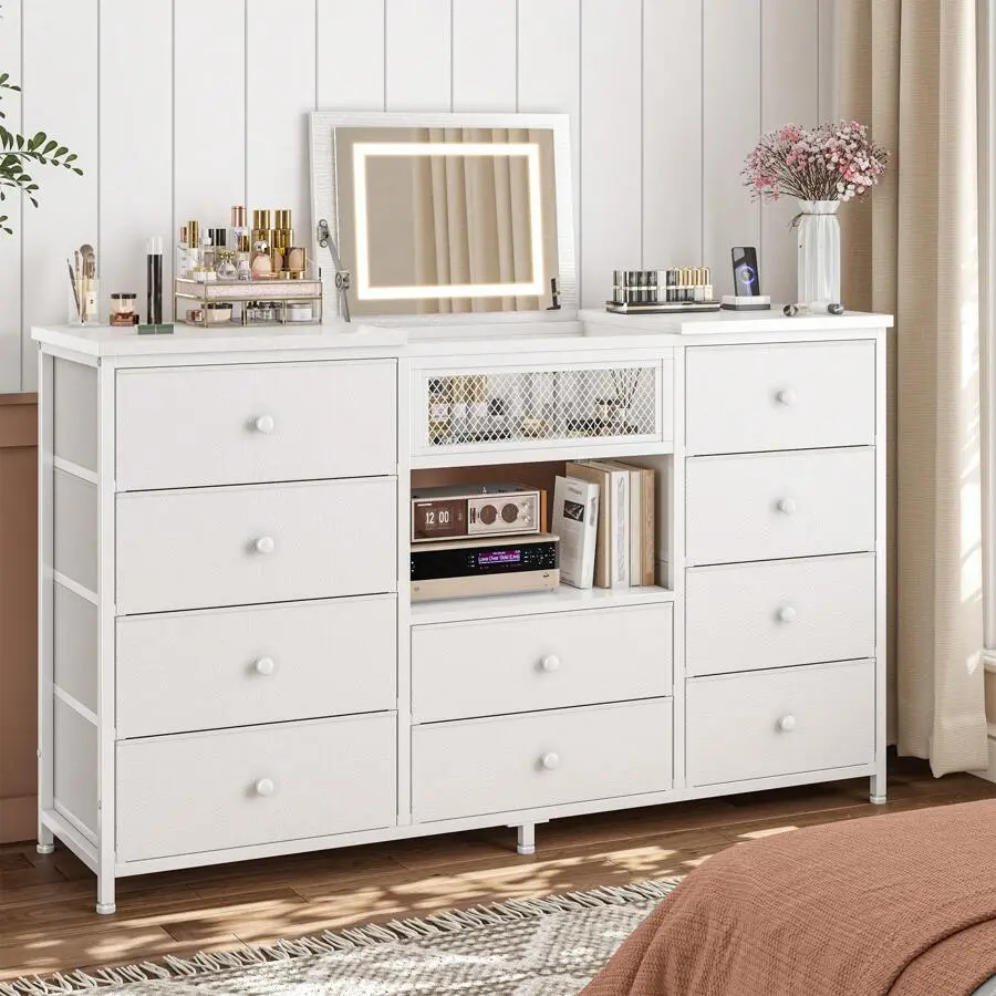 55" W Dresser For Bedroom, Dresser With Mirror & LED Lights & Charging Station & 10 Fabric Drawers, Dressers & Chests Of Drawers For Bedroom, Closet, Hallway