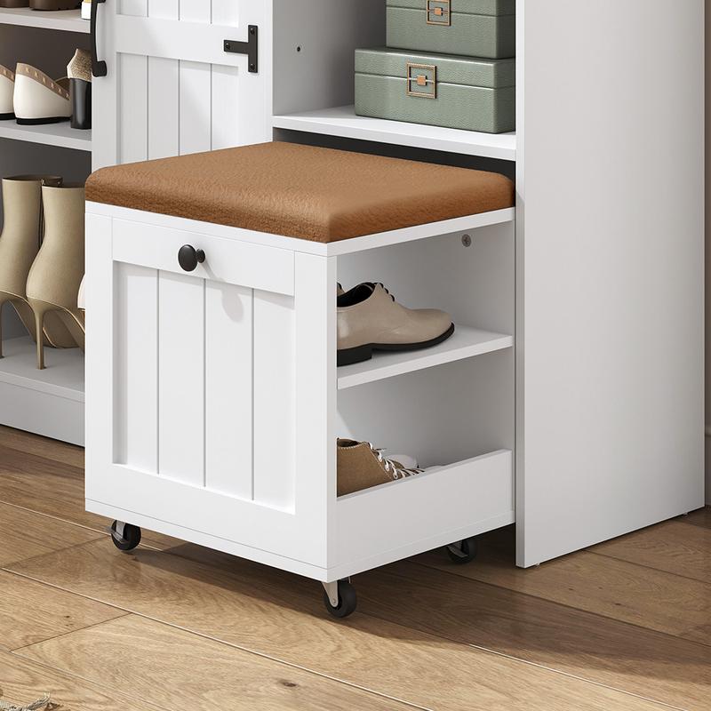 HOOBRO Shoe Cabinet with Entryway Bench, 44.1-Inch Shoe Storage Organizer with Adjustable Shelves, Doors, and Lockable Casters, for Hallway, Entryway, Living Room, Bedroom, White and Walnut