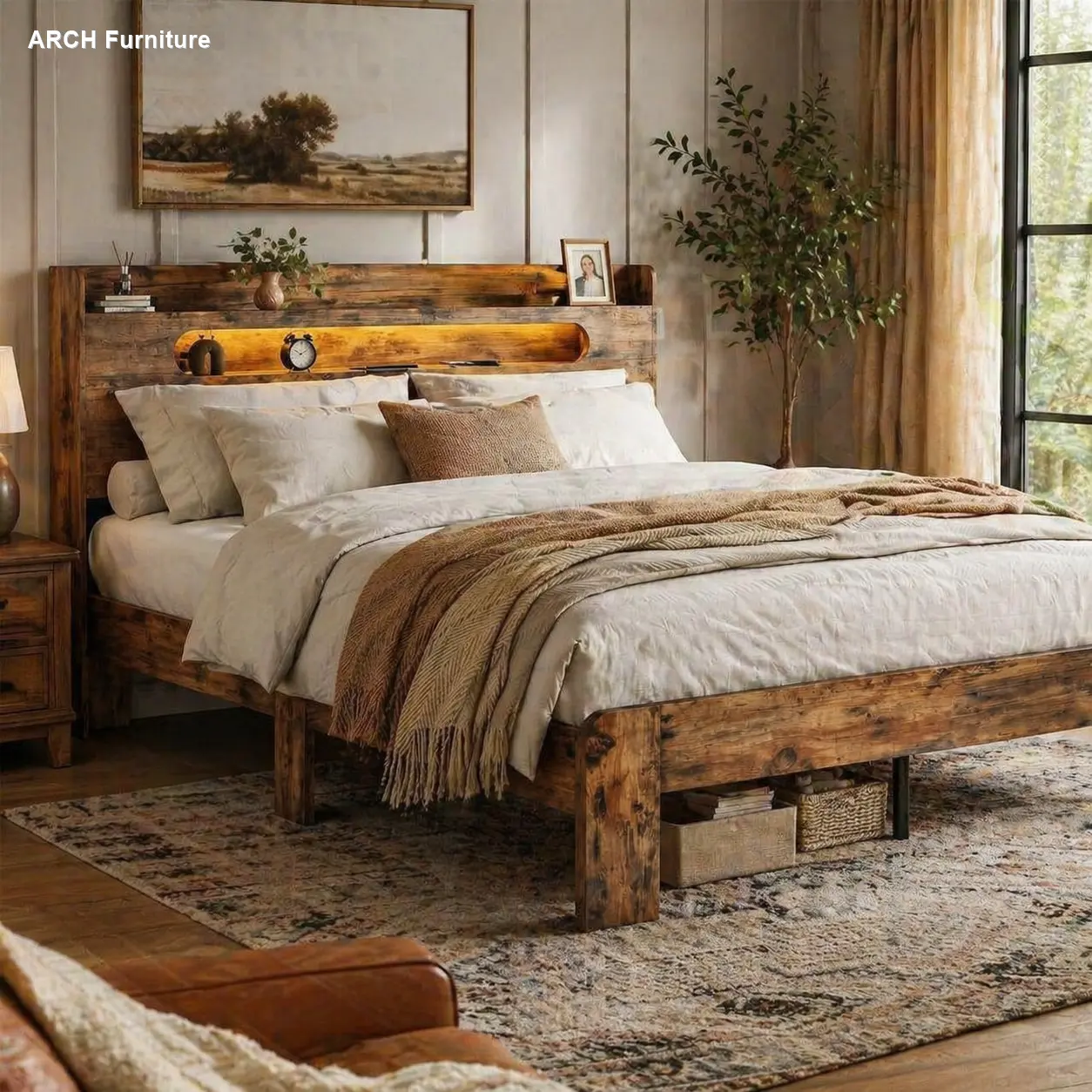Rustic Brown Farmhouse Queen Wooden Bed Frame with Headboard - USB Ports, Storage Headboard, LED Lights, Space-Saving, No Box Spring Needed, Bed Frames for Queen, Adults Bedroom Furniture, Queen Bed Frame, Headboard Bed Frames