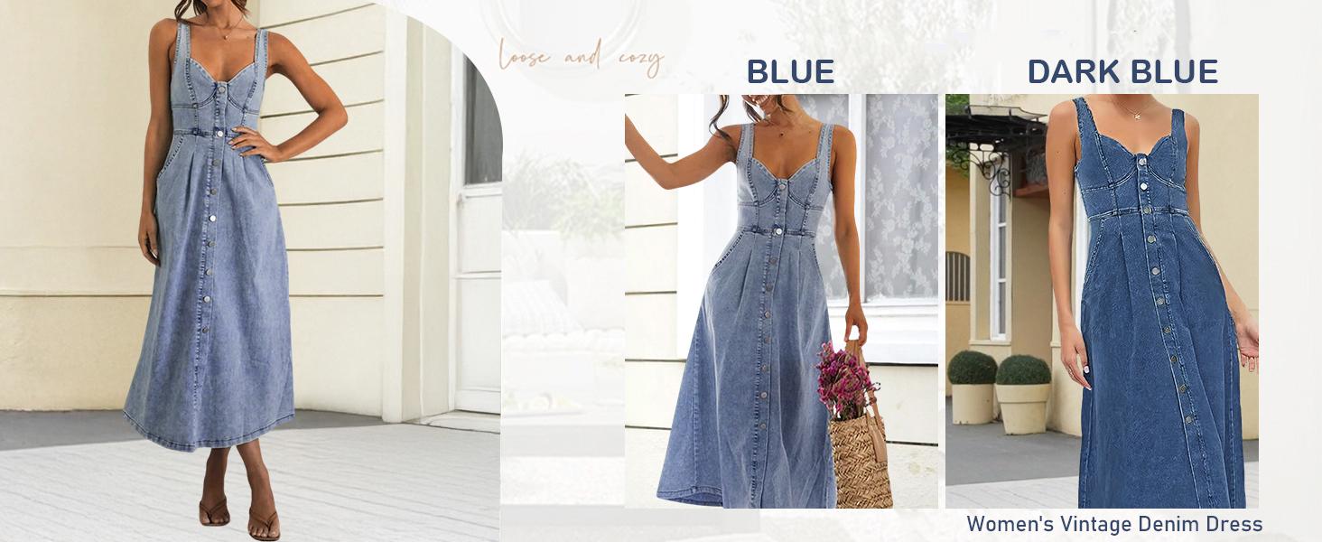 utcoco Denim Dress for Women Sleeveless Button Down Slim Fit Midi Jean Dresses for Women 2026 SpringStatements