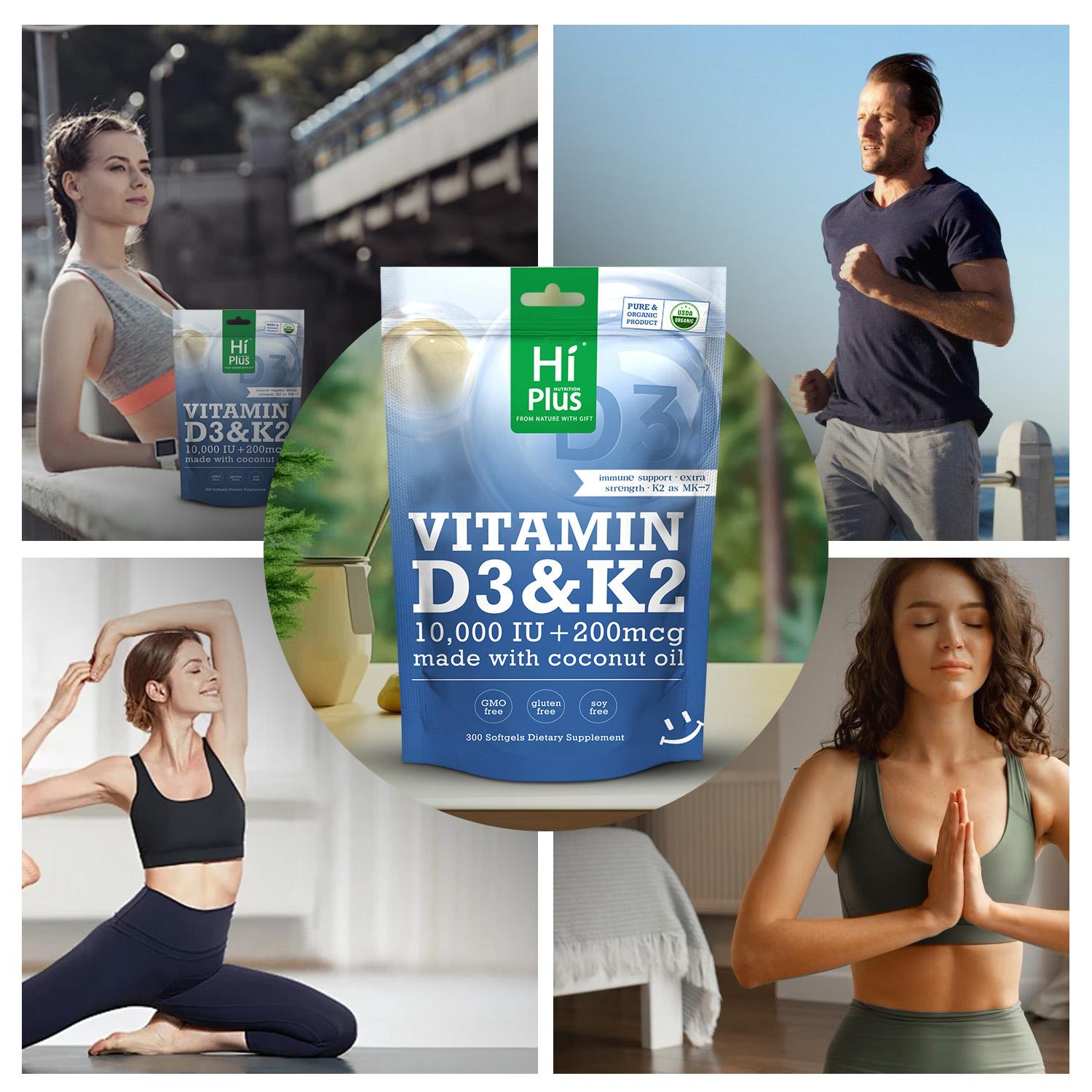 HiPlus Vitamin D3 & K2 | 10,000 IU + 200 mcg, Immune Support & Bone Health, Made with Coconut Oil,300 Softgels Natural Extra Strength