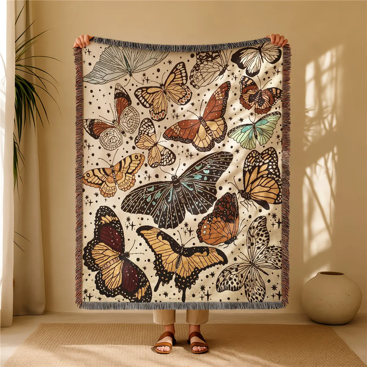 Little Butterfly Pattern Bohemian Yarn Jacquard Woven Blanket with Tassel, Thick Soft Washable, Blanket For Couch, Used for Home Decor Sofa Chair Bed Outdoor Camping