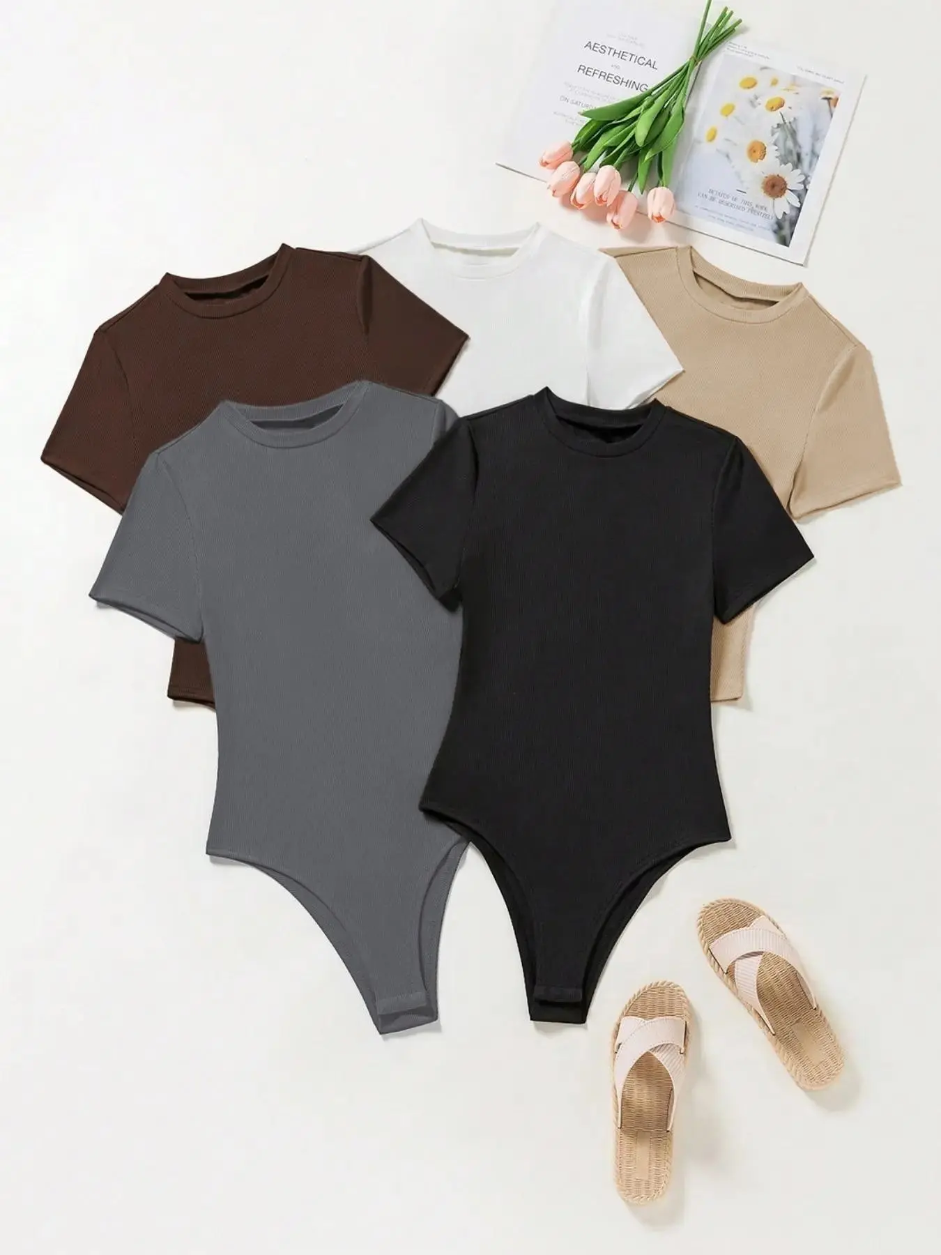 Women's Casual Round Neck Tight-Fitting Five-Piece Set, Spring Summer Fall Fashion Plain Color, Comfortable Daily Wear