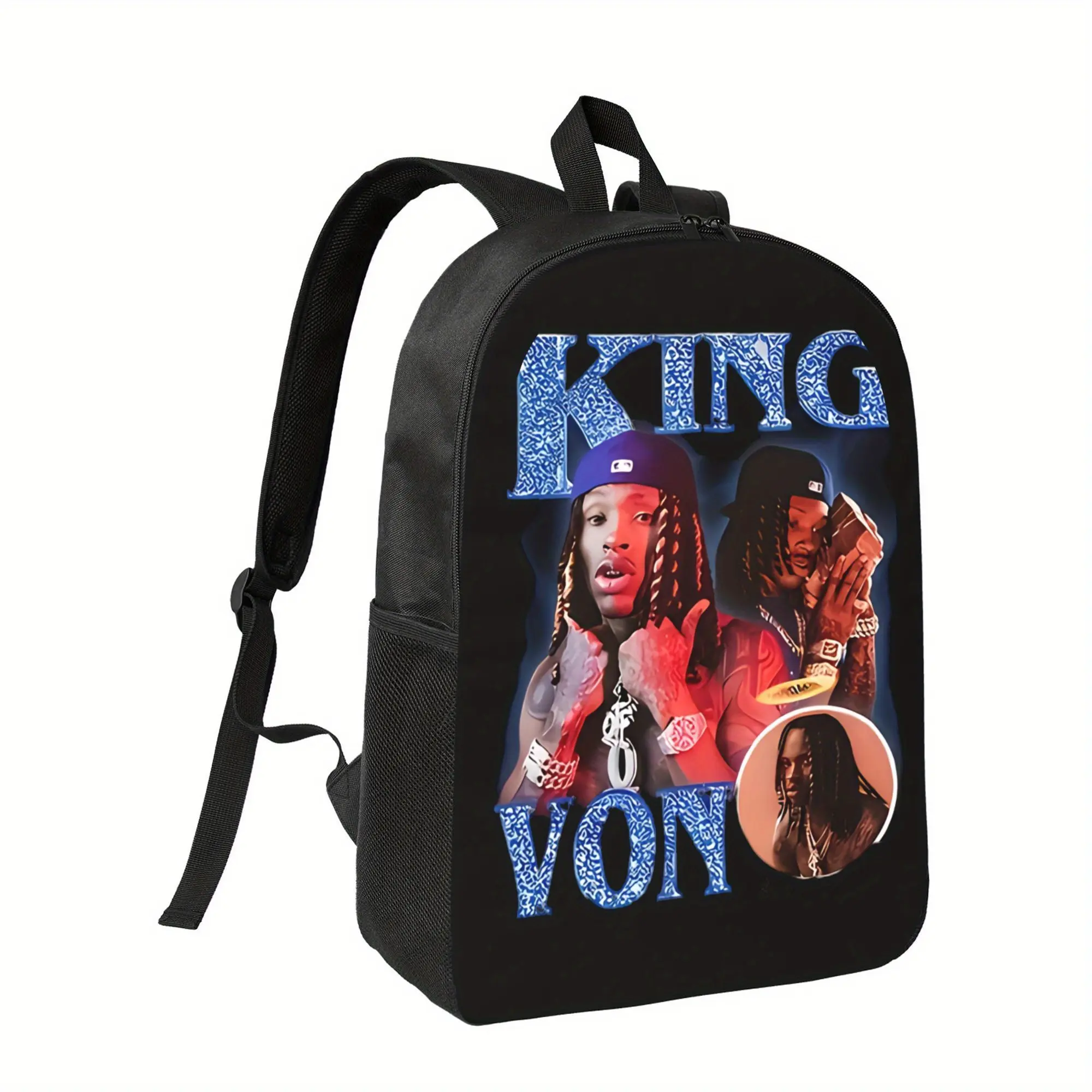 Men's Geometric Printed Polyester Zip-Up Backpack - King Von 1-1-2xx Design, Preppy Simple Elegant Functional Luggage for Teenagers