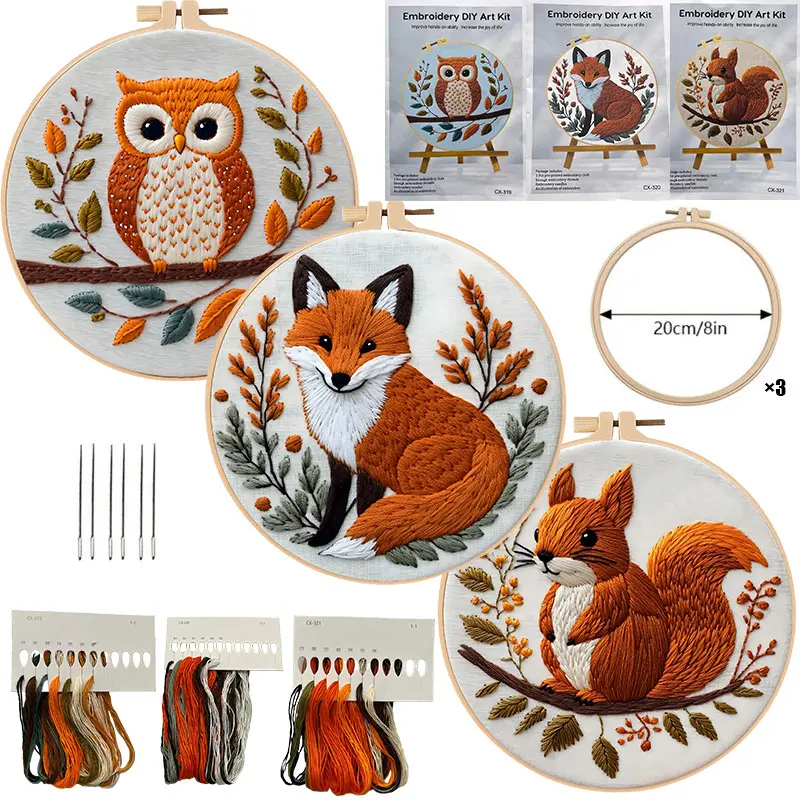 Unisex Beginner-Friendly Fall Winter Animal Motifs Cross Stitching Kit - Synthetic Threads DIY Craft Set with 3 Embroidery Designs, Stitching Materials, Guide, for Home Decoration, Handmade Gifts