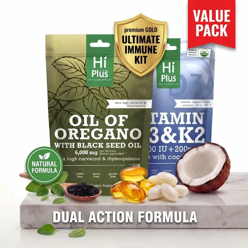 HiPlus Immune & Bone Support Bundle: Oil of Oregano (6000mg) with Black Seed Oil & Vitamin D3 (10,000 IU) + K2 (MK-7) with Coconut Oil - 2-in-1 Dual Action Wellness Kit - 300+300 Softgels outdoorfun SummerVibes