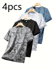 Men’s Summer Camouflage Print T-Shirts – 4-Pack, Breathable Sweat-Wicking Short-Sleeve Tops for Running, Fitness & Casual Wear, Lightweight Crew Neck Available in Multiple Colors, Fashionable Youthful Trendy Comfortable Style