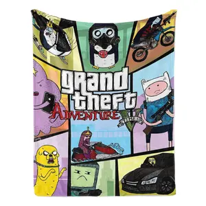 Grand Theft Adventure Time Mashup Collage Flannel Fleece Blanket – Bold, GTA-inspired grid design blending Adventure Time characters like Finn and Jake with iconic game elements, perfect for fans of both the cartoon and the gaming franchise