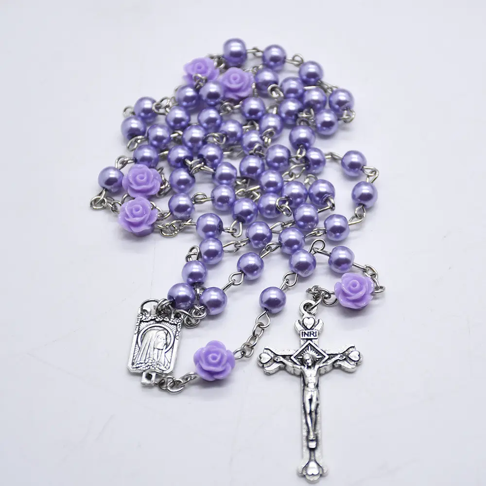Purple Pearl Beads Rosario Necklace with Rose Flowers, Lourdes Medal, Cross & Faith Pendant - 21 in, Rosary, Pearl Necklaces, Cross Embellishment Necklaces