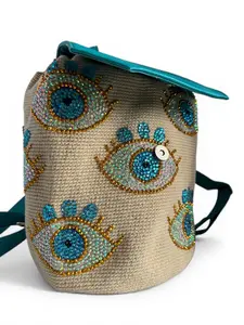 Wayuu Large Handmade Crochet Backpack with Vegan Leather & Crystal Details Hand-Painted Adjustable 12” Bag