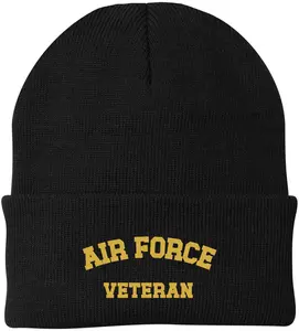 Air Force Veteran Embroidered Beanie Hat | USA Military Forces Cold Weather Winter Knit Cap for Men & Women