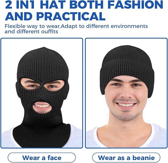 3 Hole Winter Knitted Mask, Full Face Cover Ski Scarf Mask Warm Balaclava for Adult Skiing, Motorcycle,Wind Protection