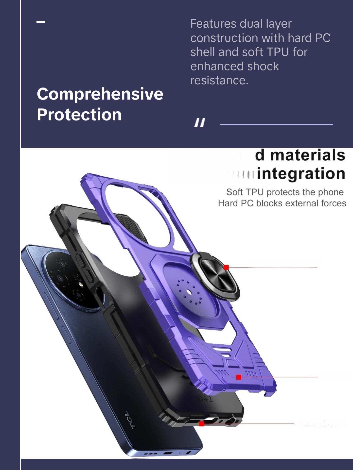 TCL 50 XL 5G Phone Case with Tempered Glass Screen Protector, Military Grade Heavy Duty Shockproof Protective Cover, Ring Kickstand for TCL 50 XL (Purple)