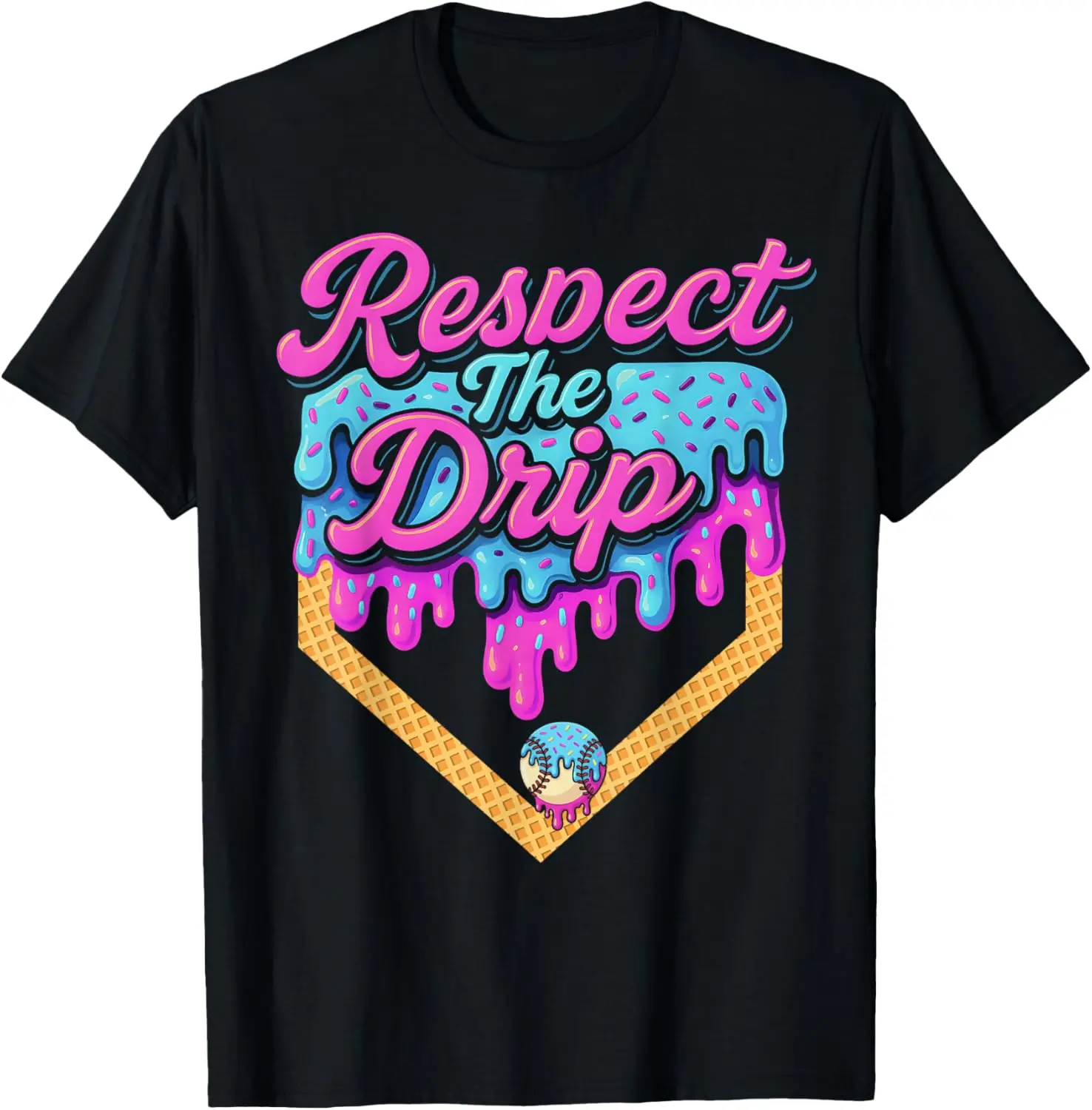 Men's Graphic Tees - Baseball Drip Home Plate Ice Cream Respect The Drip Crewneck, Casual Comfy Cotton Graphic Print Shirt for Men, Youth (Unisex Fit Compatible with Women, Boys, Girls)