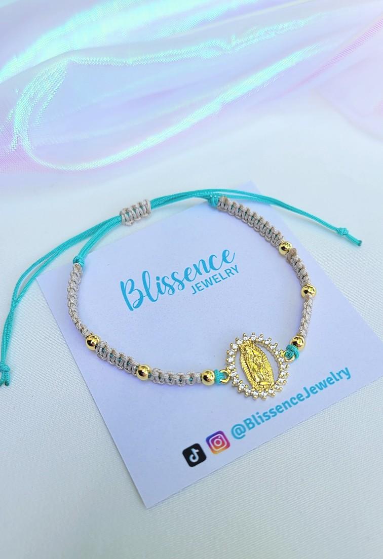 Adjustable Virgin de Guadalupe String Bracelet Religious Jewelry Pulcera de hilo Nylon Cord Bracelet Women's Bracelet Virgencita Jewelry Gifts 18k Gold Plated Brass Beads & Turquoise Nylon String 1mm Beige & 0.8mm Turquoise Strings