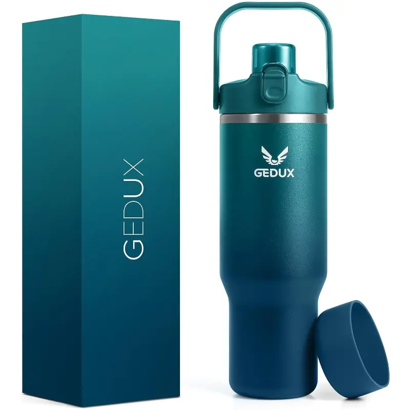 GEDUX 32oz Stainless Steel Vacuum Insulated Tumbler - Double Lid, Handle, Straw, Silicone Components, Water Bottle for 32oz Day & Night Daily Use (500-1000ml Capacity) Kitchen Drinkware