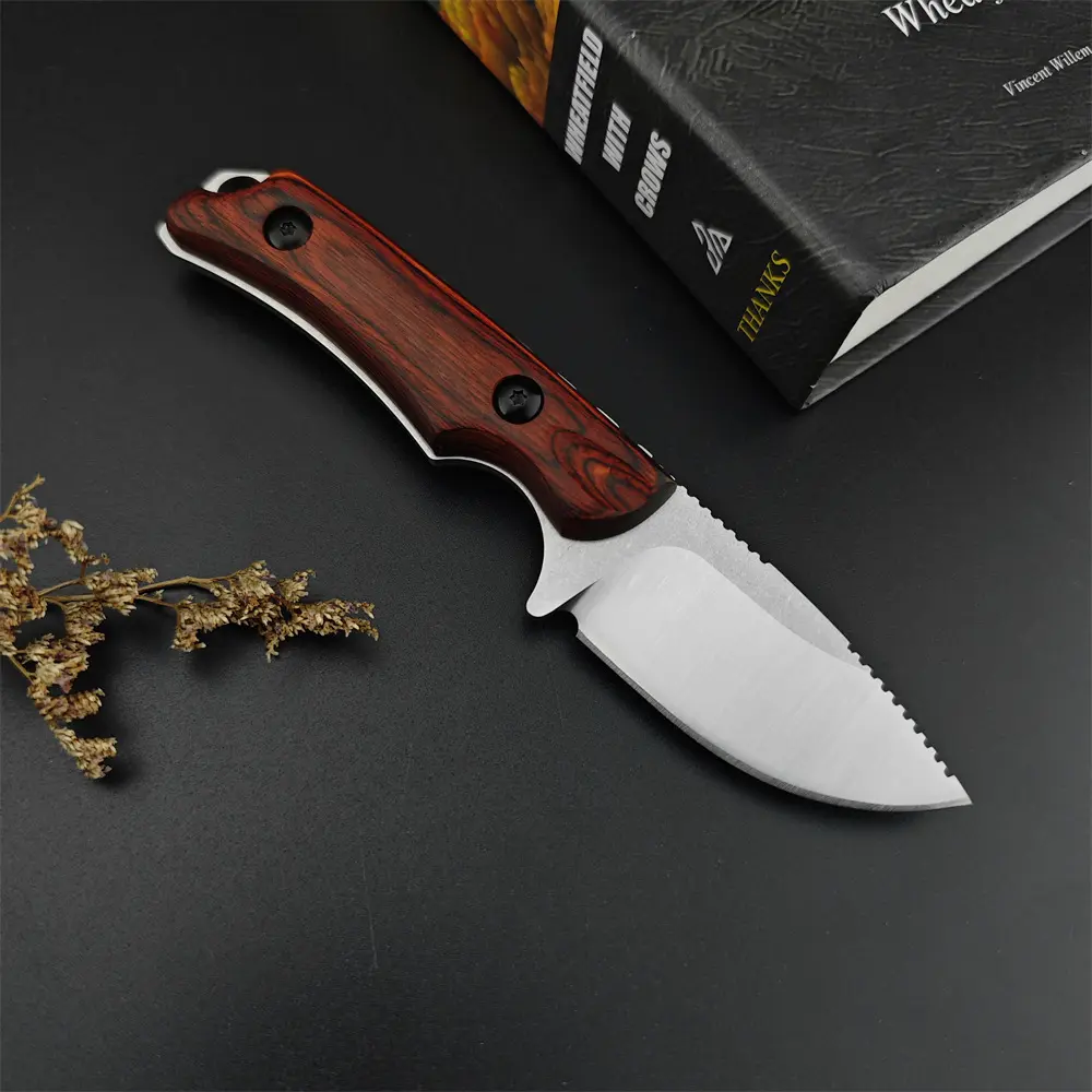 BM 15017 Hidden Canyon Hunter Fixed Blade Knife - 8Cr13MoV Stainless Steel EDC Knife with Wood Handle, Leather Sheath, Camping Fishing Tools for Fighting, Whittling, Gift for Men
