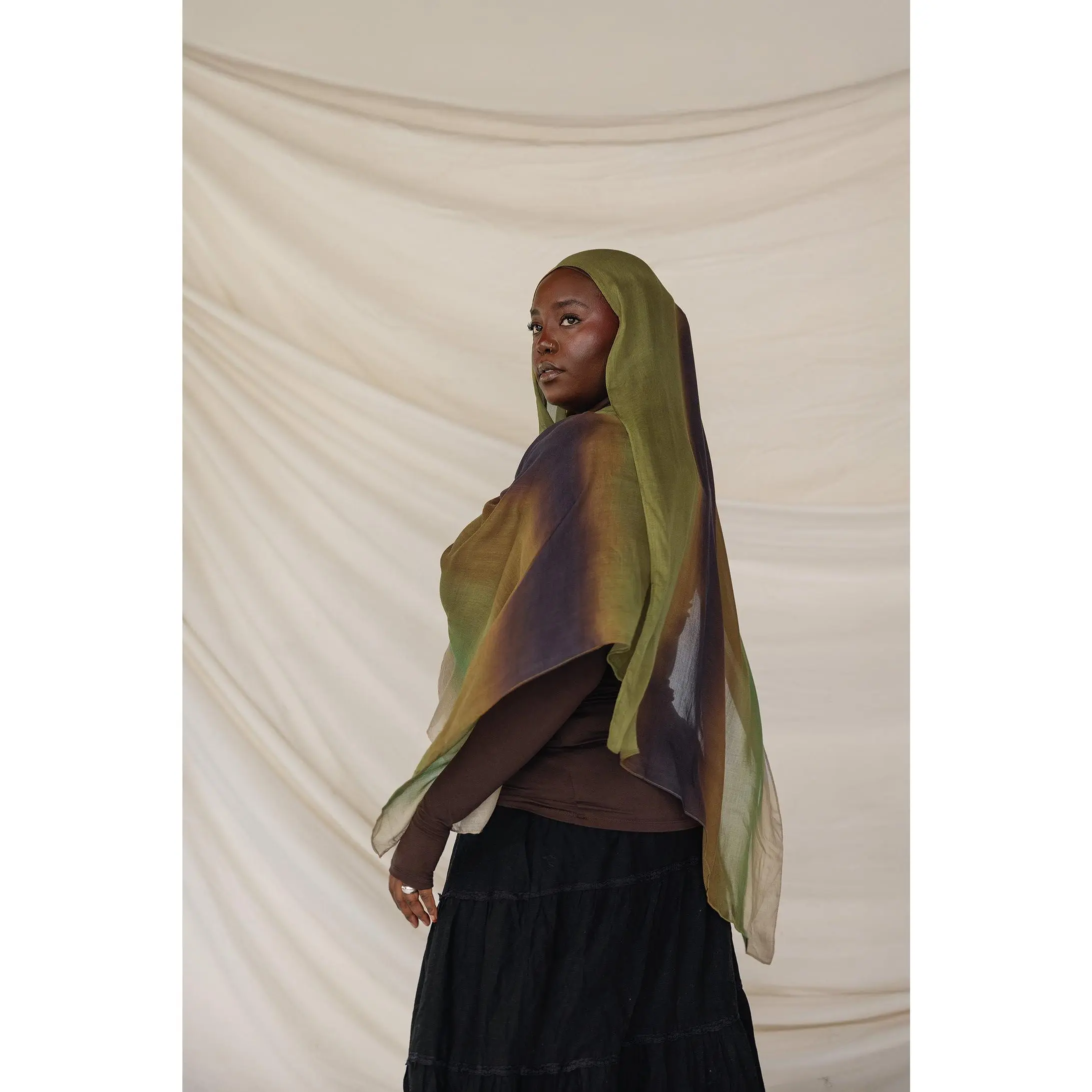 VELA Ombre Olive Square Modesty Hijab Wrap - Soft Modal Breathable Muslim Headscarf Cover, Hand Wash, Earthy Olive Sage Tone, Holds Drape, Soft Against Skin, Casual Hijabi Fashion Head Scarf
