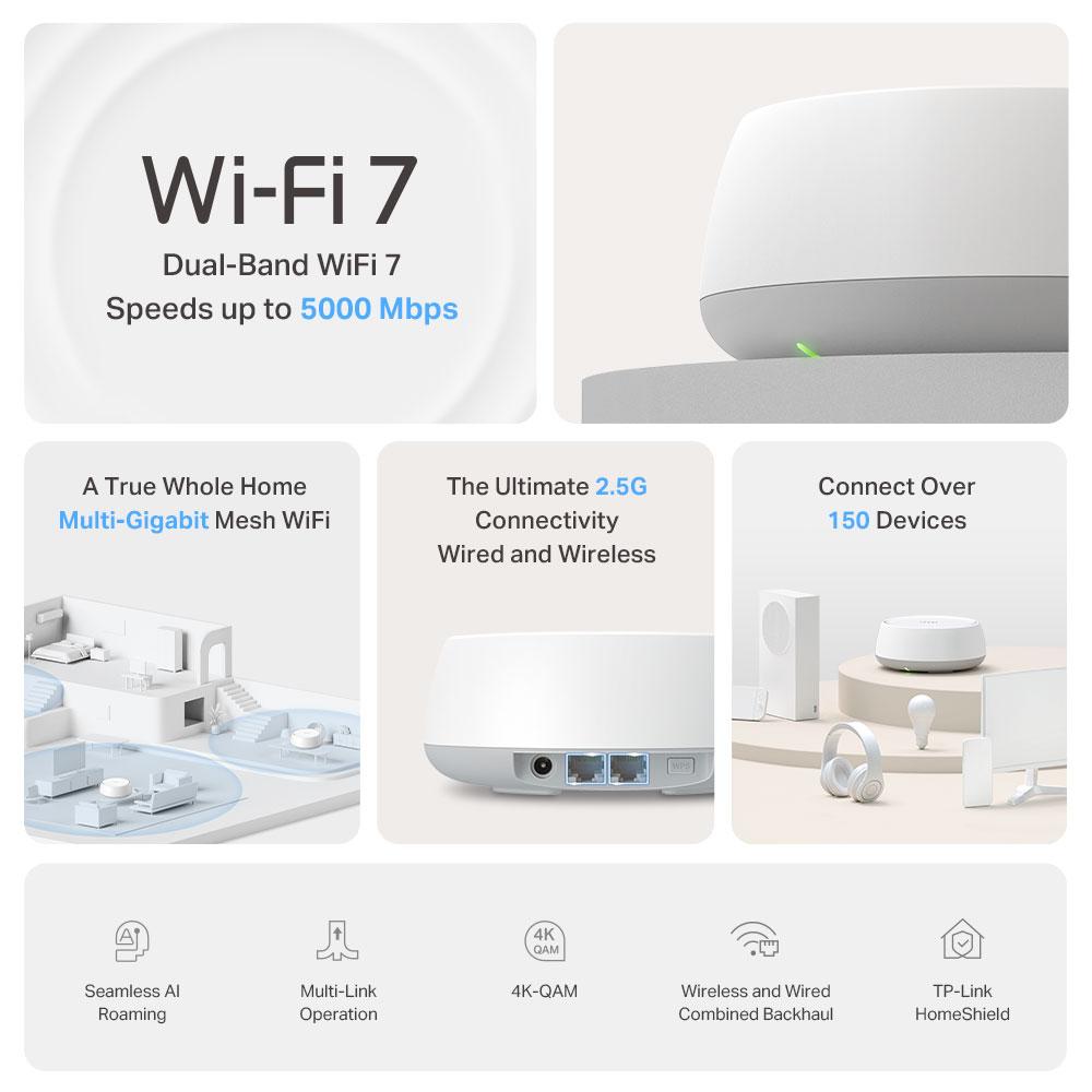 TP-Link Deco BE25 (2-pack) Deco 7 BE5000 Dual-Band Wi-Fi 7 Mesh System | BE5000 Speeds | 4-Stream 5Gbps | 4600 Sq.Ft Coverage | 2×2.5G Ports + VPN,MLO, AI Roaming | HomeShield Security