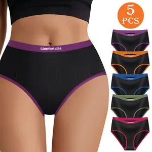 QUASTI 5-Piece High-Waisted Cute Cotton Seamless Color-Blocked Women's Briefs, Soft, Breathable Comfortable, High-Elasticity, Full-Coverage Fit Panties, Elegant Womenswear, Sizes S-XXL