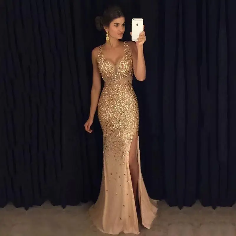 2025 Autumn & Winter Slit Gold Sequin Maxi Dress: Evening Gown Formal Party Dress