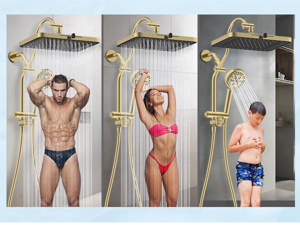 Hibbent cUPC Certified 13'' Shower Head Combo, High Pressure 5 Spray Rainfall Showerhead, 10 Spray Handheld, All Metal Easy Reach 4-way Diverter Arm with Pause Mode, 71'' Hose and Holder, Brushed Gold