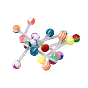 14G Stripe Ball Flexible Acrylic Straight Barbells Nipple Tongue Piercings Jewelry 5/8" 16mm - Pack of 10