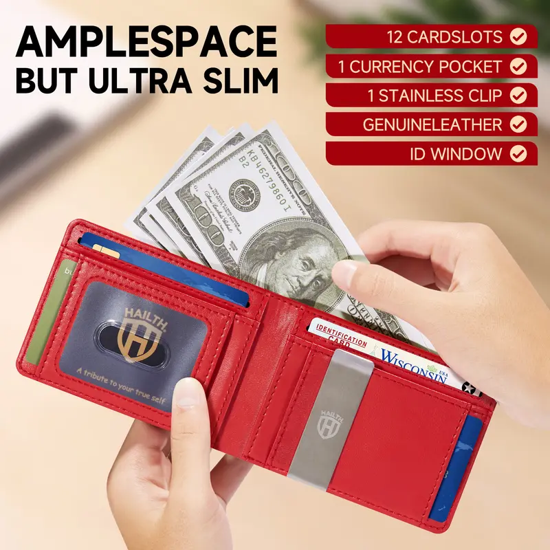 HAILTH Men's RFID Blocking Slim Bifold Leather Wallet - Top Layer Cowhide, 12 Card Slots with Concealed ID Window, 0.8'' Ultra-Thin Front Pocket Design, Premium Gift Box Packaging - Great for Father's Day, Daily Carry & Back to School